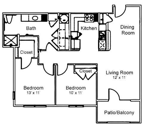 Floor plan for 2 beds, 1 bath, 902 sqft